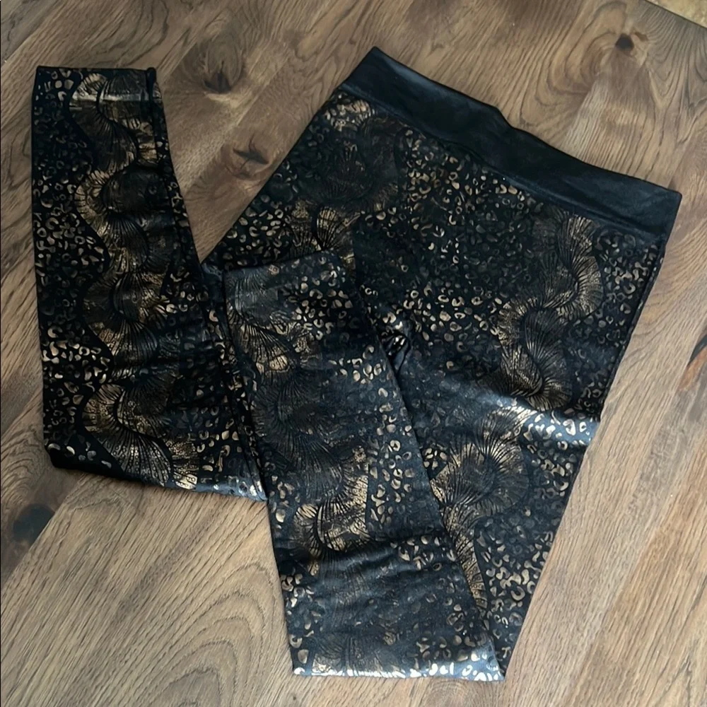 YELETE Black & Gold OS Women's Metallic Mixed Print Fleece Lined Legging